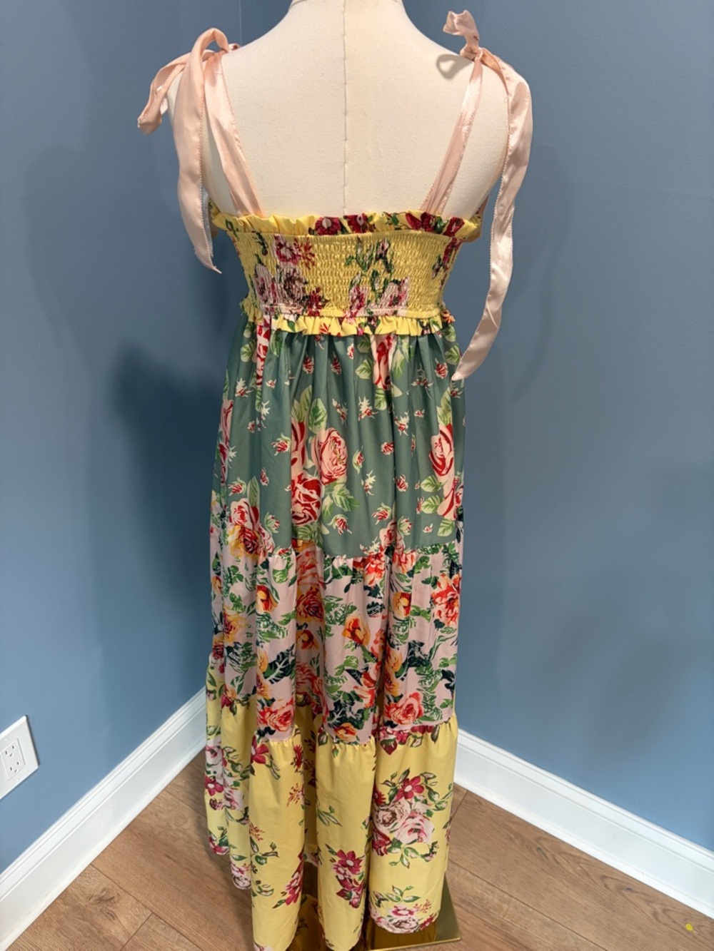Floral Tiered Maxi Dress with Tie Straps - Yellow Multi - Picture 8 of 9